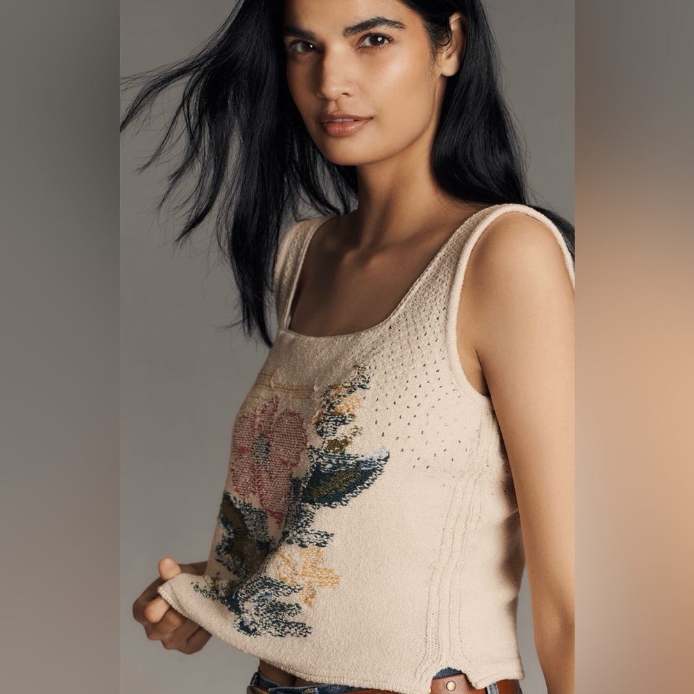 Anthropologie Cream Knit Floral Tank Top with Pink & Green Accents